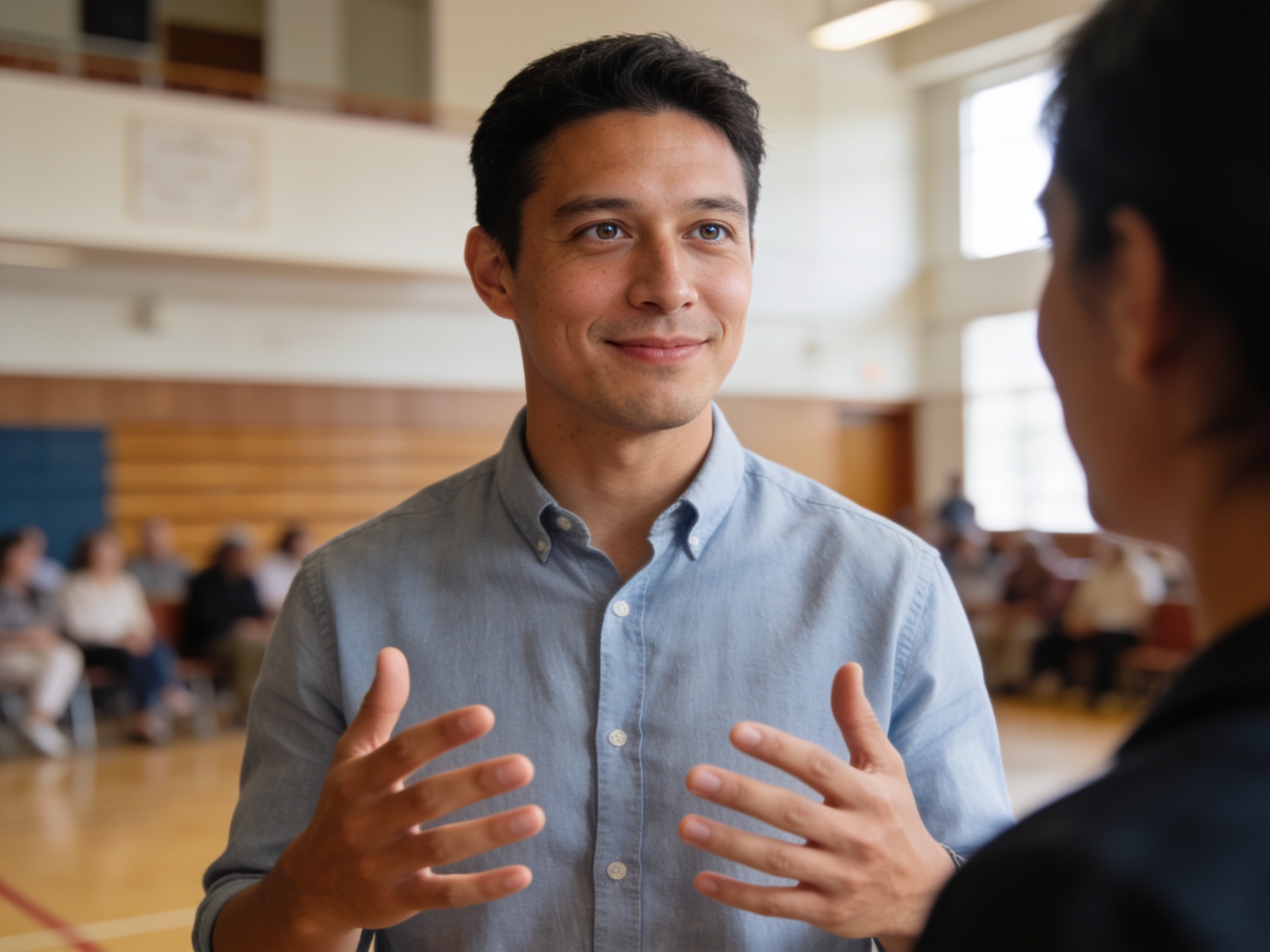 People engaging in a candid discussion about political culture in a community setting.