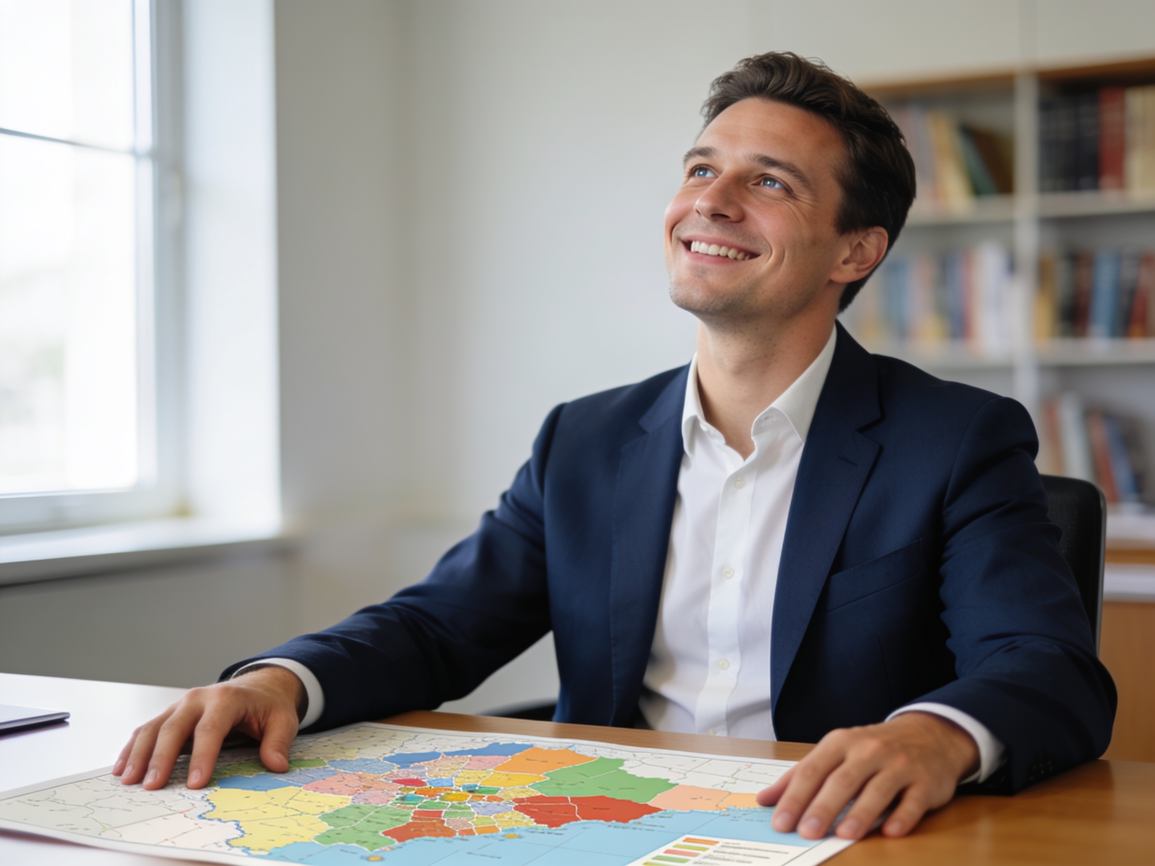 European political analyst examining a map illustrating modern political power dynamics.